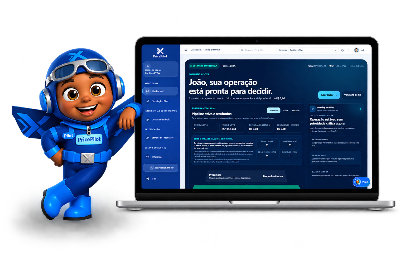 Mascote Pilot da PricePilot ao lado do dashboard executivo da plataforma